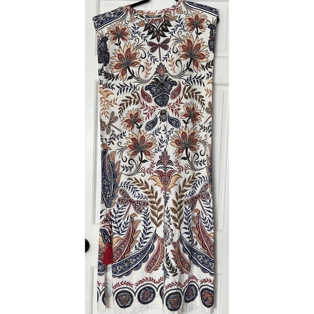 Farm Rio Midi Dress Medium Boho Glam Tribal Paisley Leaf Print Tassel Belt Shift